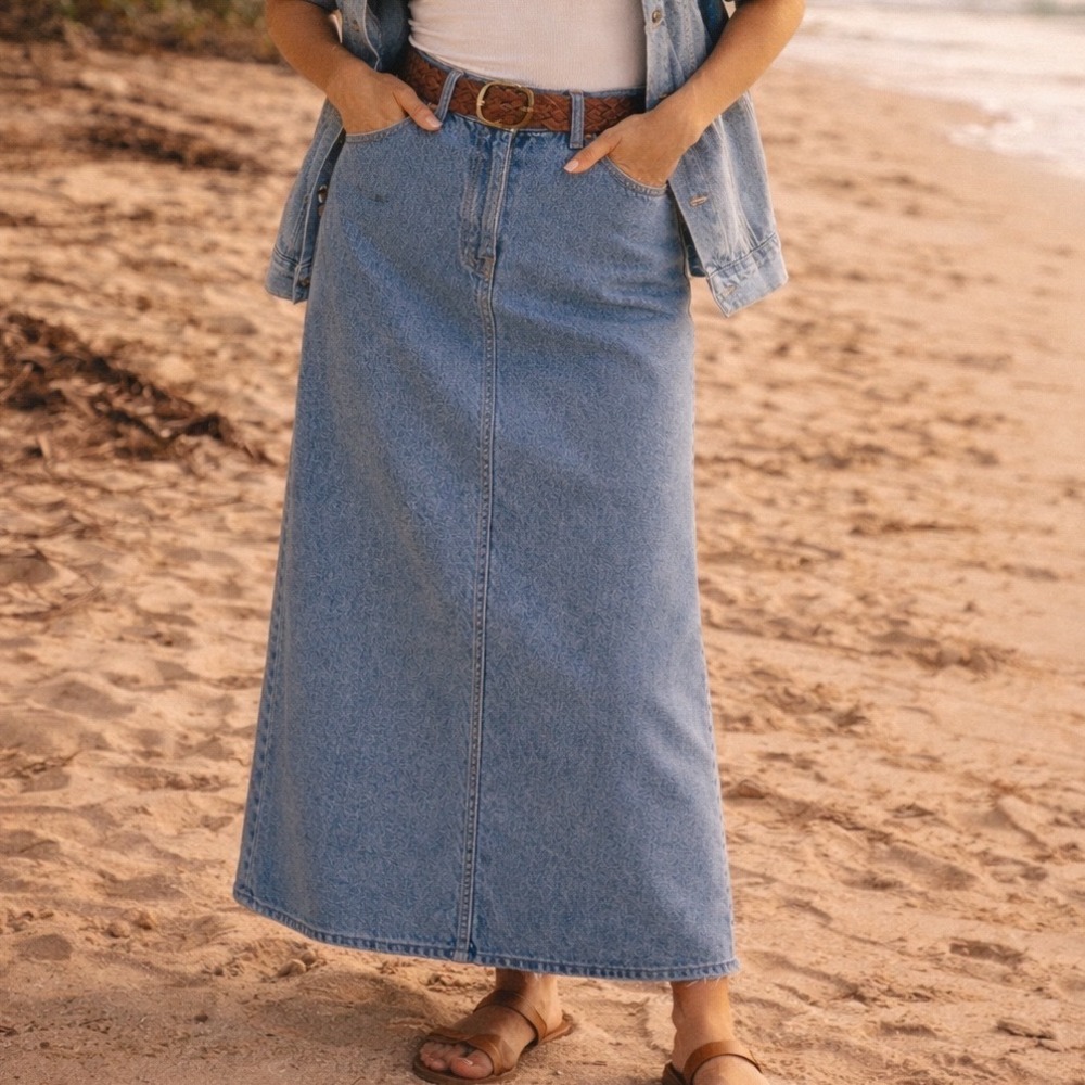 Hunt Club Vintage Denim Maxi Skirt Size 16 Blue High Waist Cotton Made in USA e3